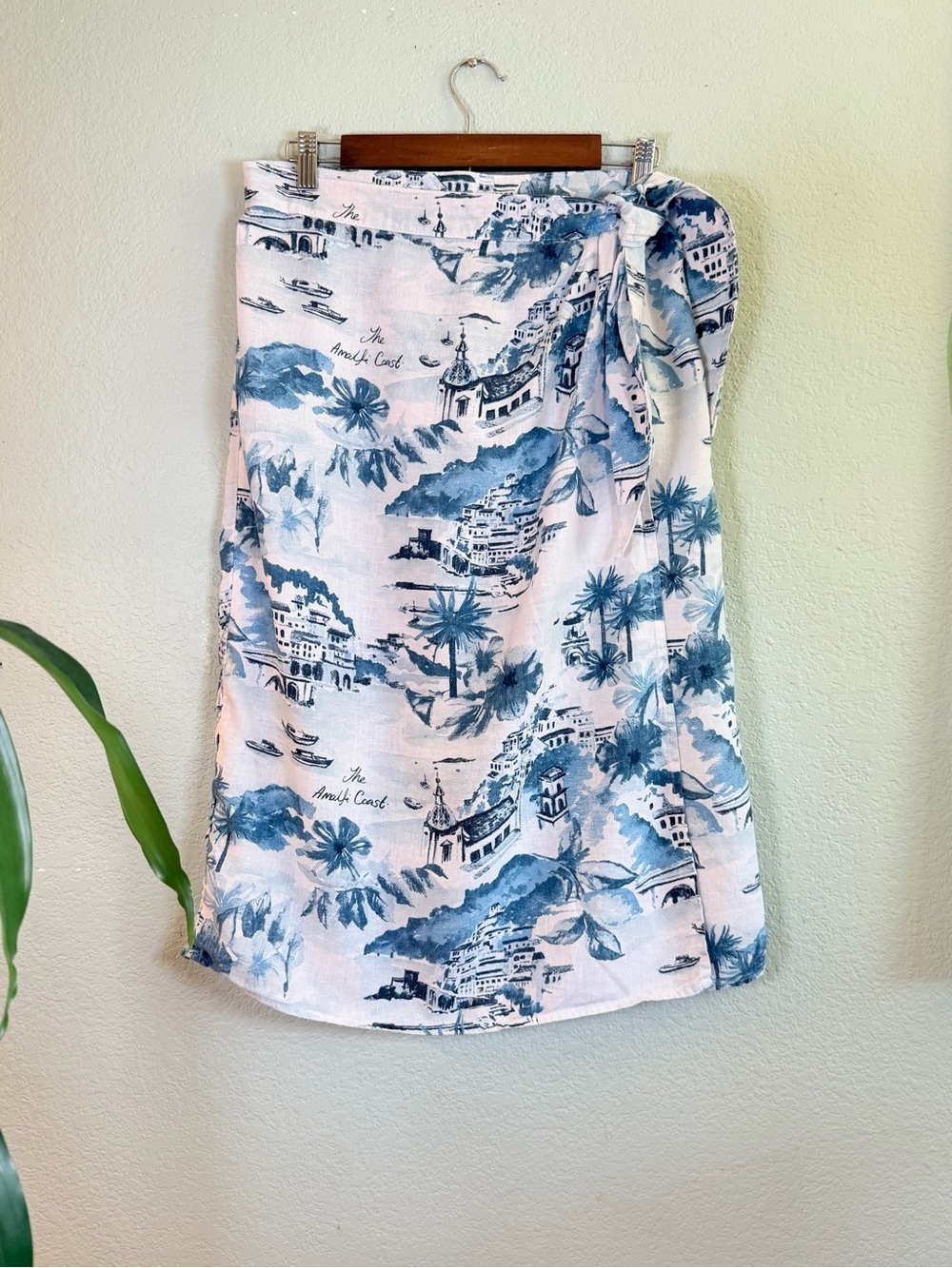 Cynthia Rowley Linen Blue White Amalfi Coastal Print Bohemian Beach Wrap Skirt L